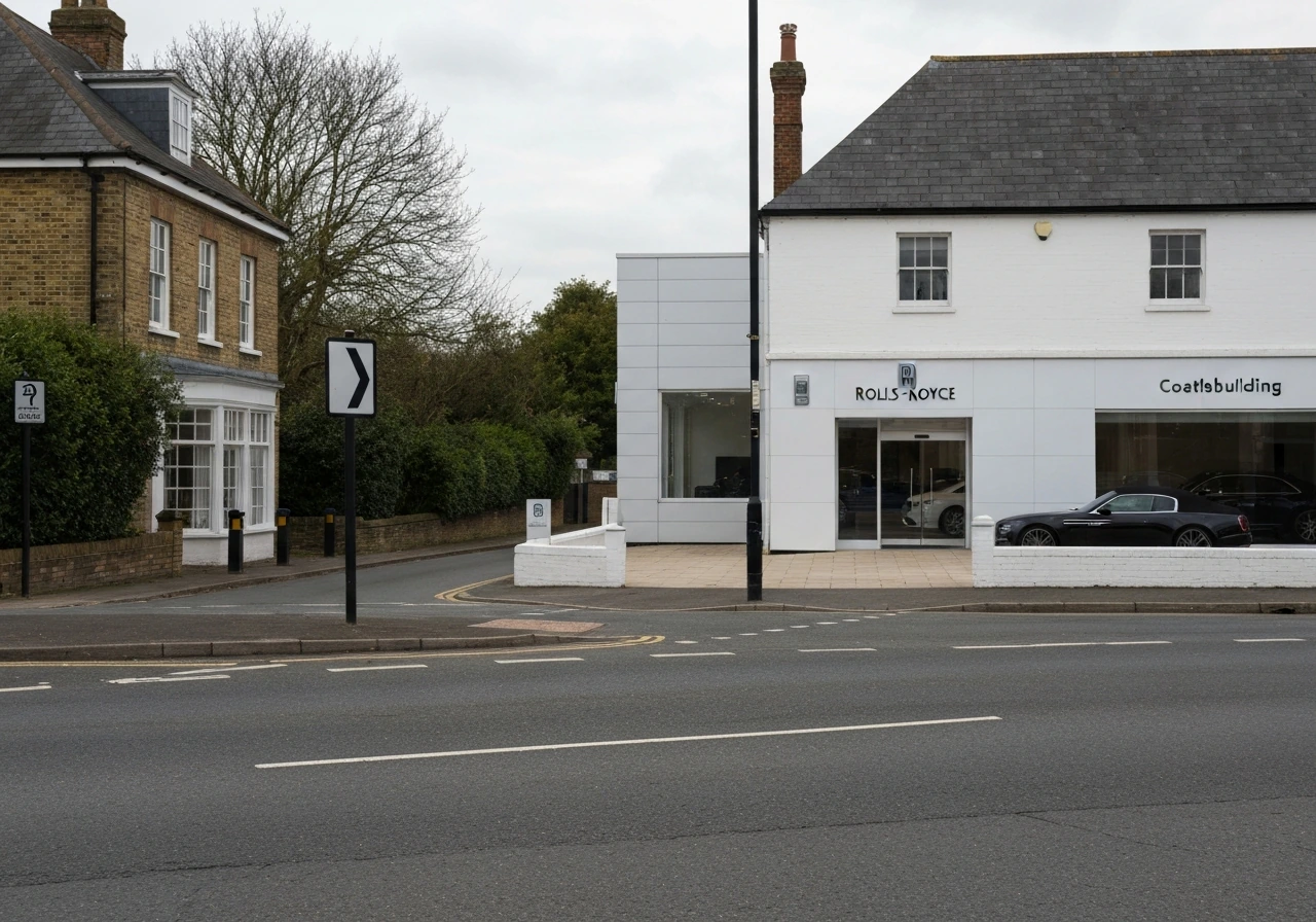 Goodwood, Chichester street corner with a luxury car dealership façade and a Rolls-Royce coachline context, no people.