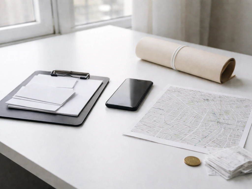 Minimal research desk with blank cards, smartphone, receipts, and a map sheet symbolizing a net-worth workflow.