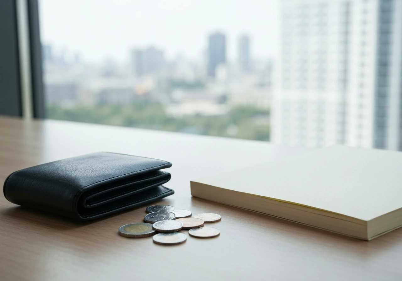 Minimal photo of a UK-style desk setup with a closed leather wallet, coins, and a notebook symbolizing net worth ranges.