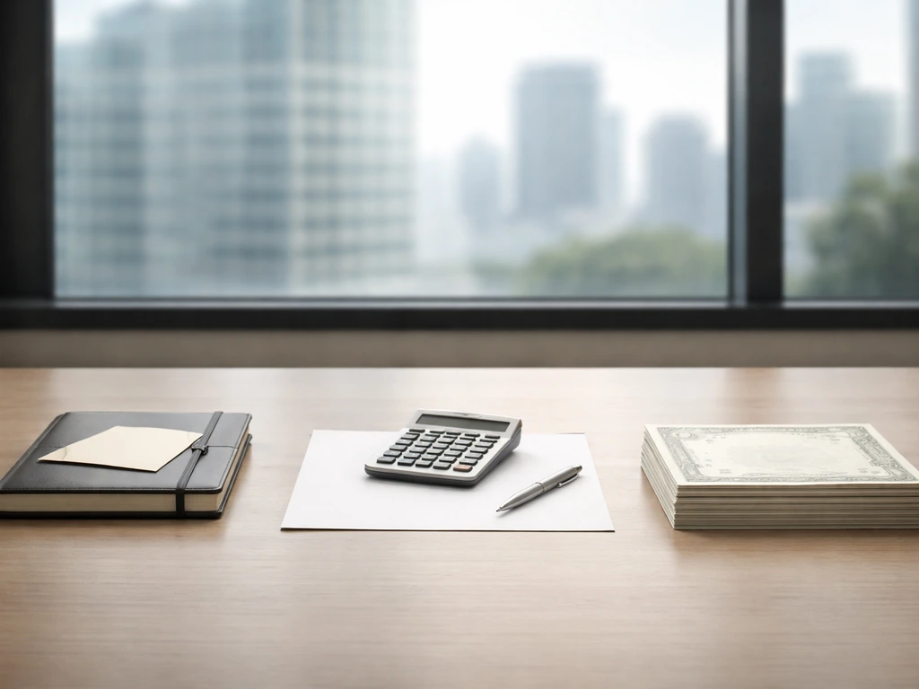 Chevron-style executive pay concept shown as a clean desk scene with a calculator, paper, and stock certificates