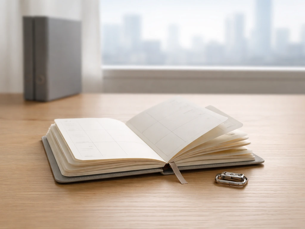 Minimal desk scene with a calendar and closing clasp, symbolizing long-term vesting over time.