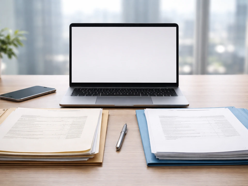 Minimal desk scene with laptop and two different-looking disclosure pages symbolizing stale vs updated figures.