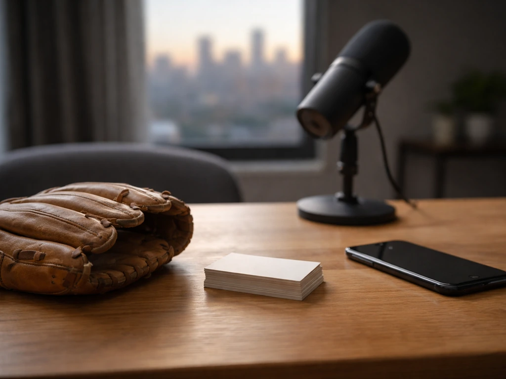 Minimal office desk scene with a baseball glove and muted media-studio background, symbolizing a named-sports profile