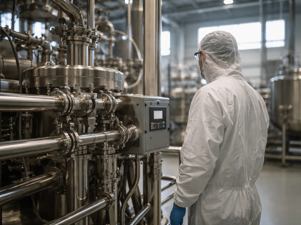 Anonymous worker beside stainless-steel equipment in a specialty chemical plant, conveying business wealth.