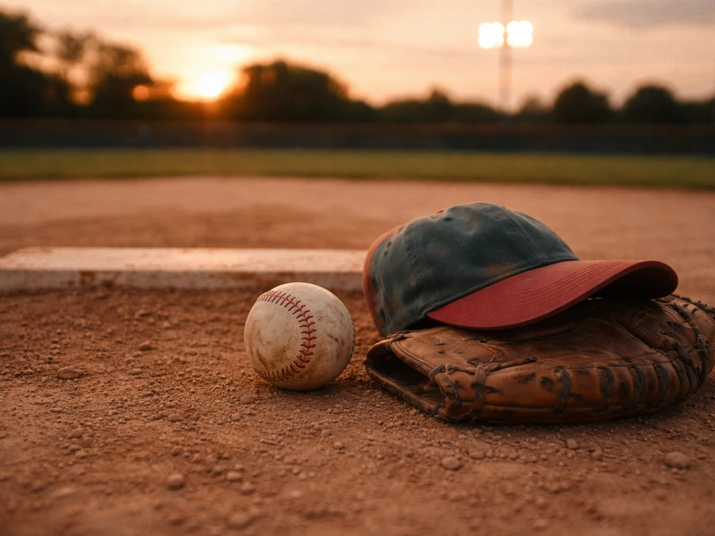 A baseball on the pitching mound with glove and cap in a quiet ballpark, symbolic baseball career wealth.
