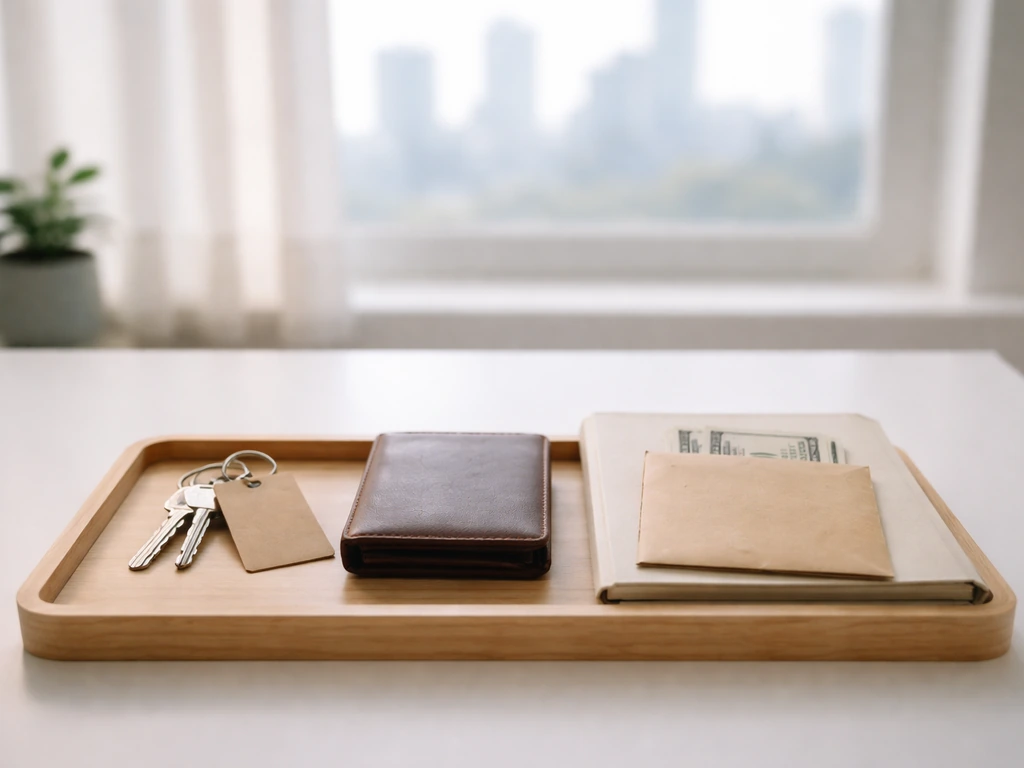 Wooden tray with unbranded house key, wallet/cash envelope, and blank folder symbolizing assets.