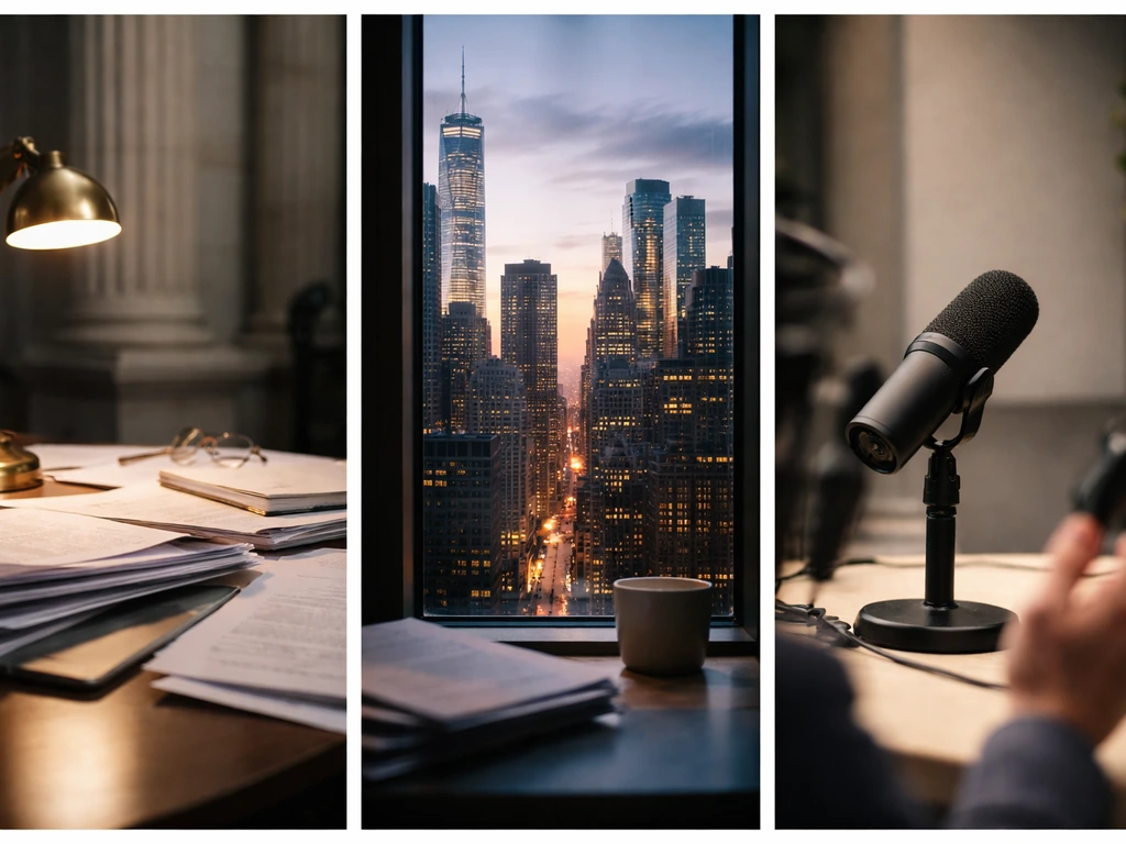 Split-screen collage symbolizing records, city wealth, and media work with no people shown.