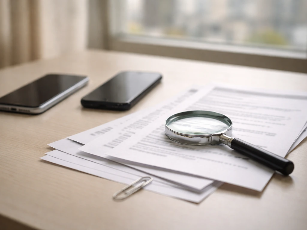 Magnifying glass over blurred search-result pages beside two phones, suggesting confusion from a common name.