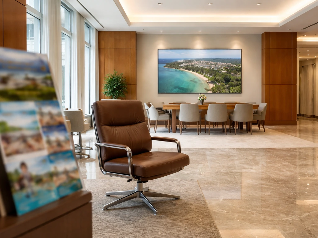 Minimal corporate lobby with executive chair and conference table, symbolizing luxury hospitality leadership.