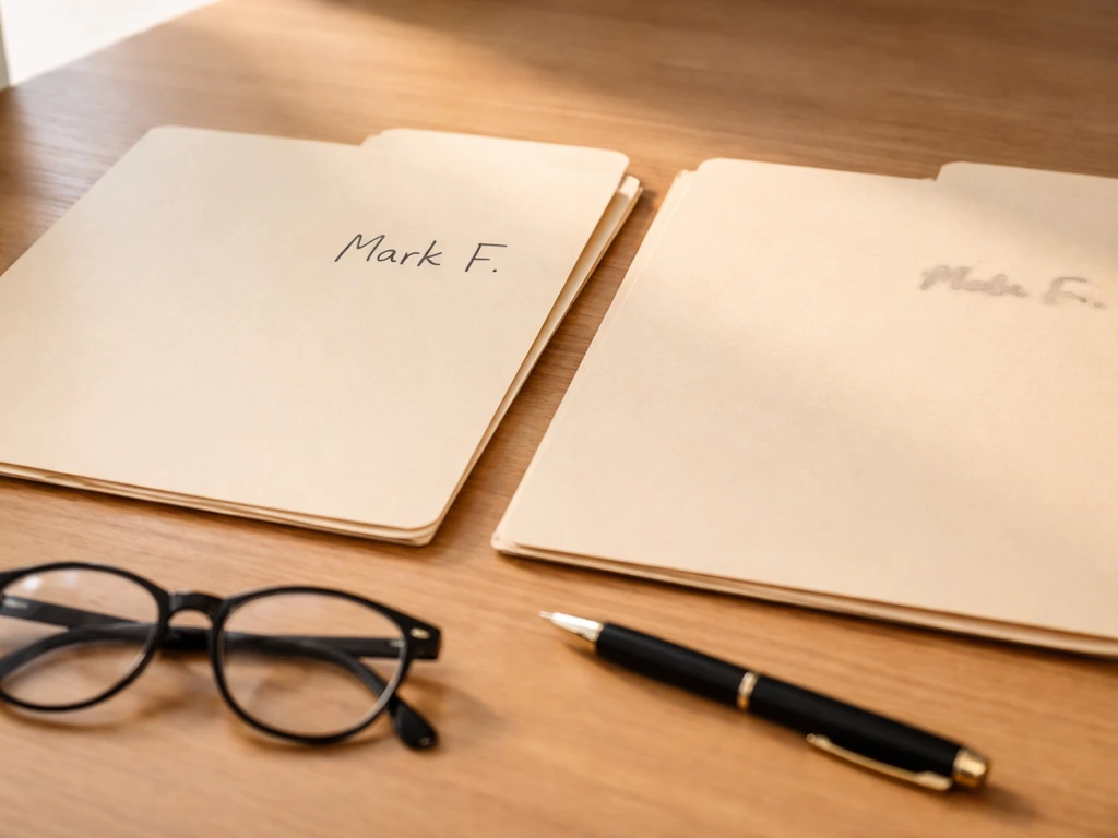 Two folders labeled by hand, showing one marked “Mark F.” to clarify the correct investor
