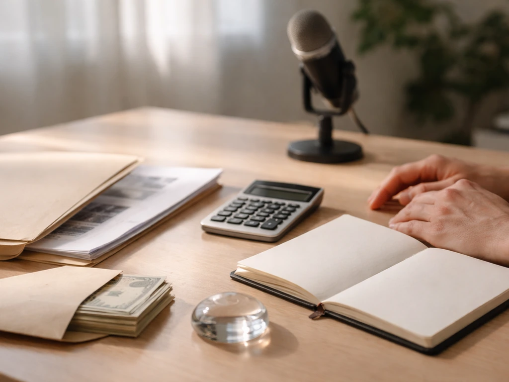 Minimal desk scene with a notebook, calculator, and a muted finance folder symbolizing private-investor net worth estima