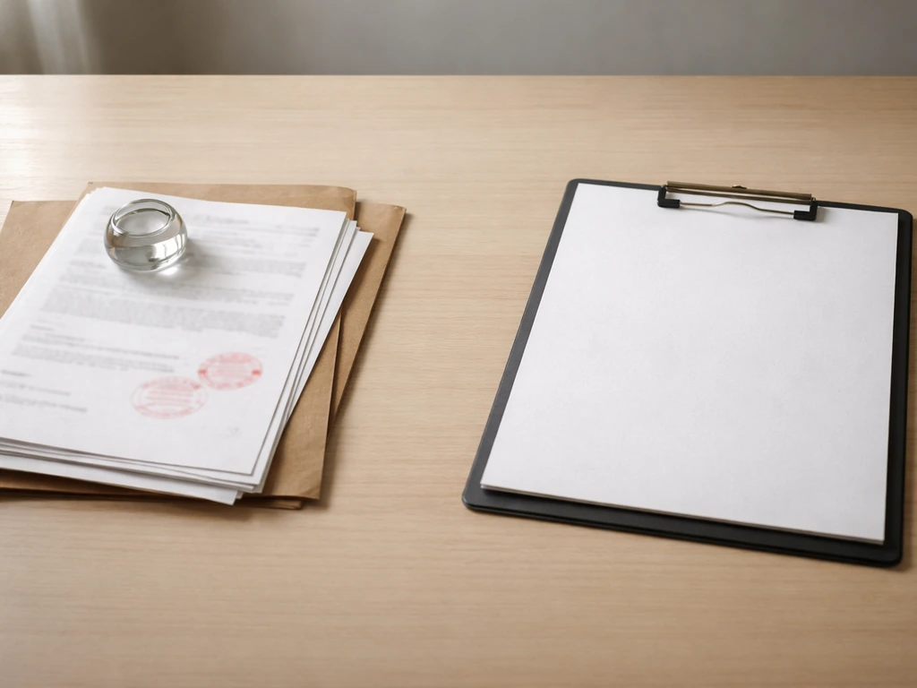 Minimal desk scene with legal documents and an empty clipboard symbolizing limited reported asset information.