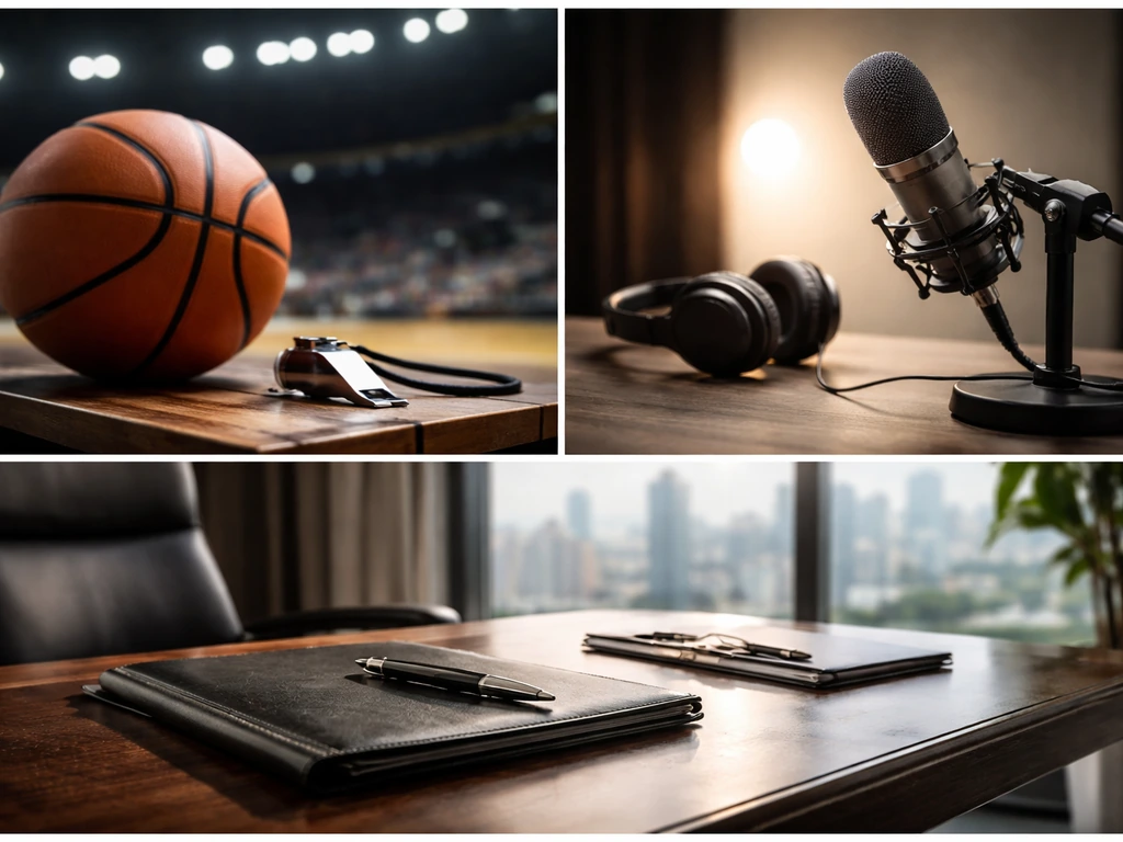 Three-panel collage showing anonymous sports, podcast, and business desk scenes to distinguish different Mark Dixons.