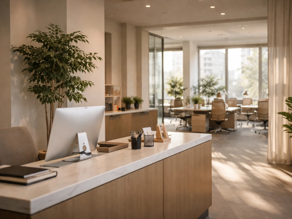 Minimal serviced-office reception with warm light and modern workspace ambience, symbolizing business growth