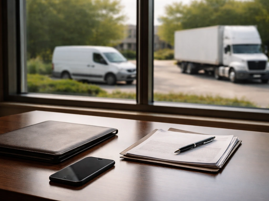 Empty executive office with a branded transportation van parked outside and subtle money-management cues