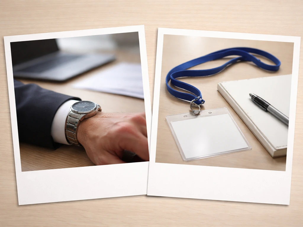 Two simple desk cards with business props, suggesting different identities without showing faces or text.