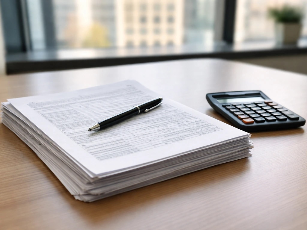 Minimal office desk with printed SEC proxy pages and a calculator beside a pen, symbolizing executive compensation revie