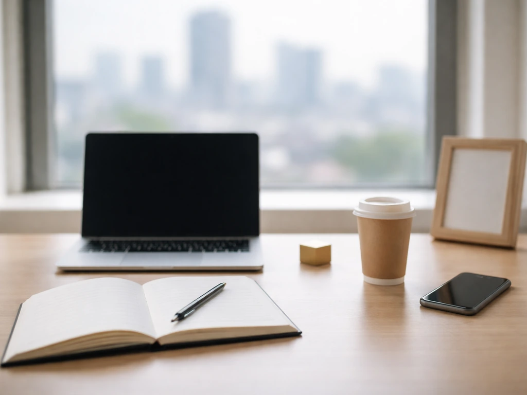 Minimal office scene with a laptop, notebook, and coffee near a window symbolizing a career timeline.