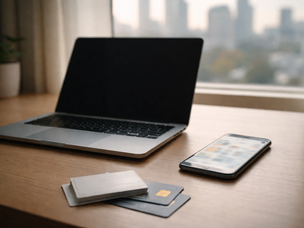 Quiet home-office desk with laptop, credit cards, and a phone showing blurred social feeds for identity verification.