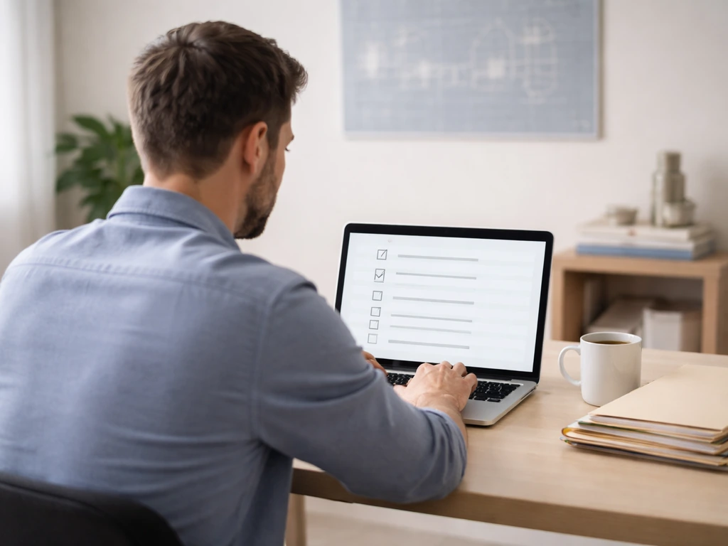 An anonymous entrepreneur in a tidy home office reviews a business roadmap beside a laptop and coffee.