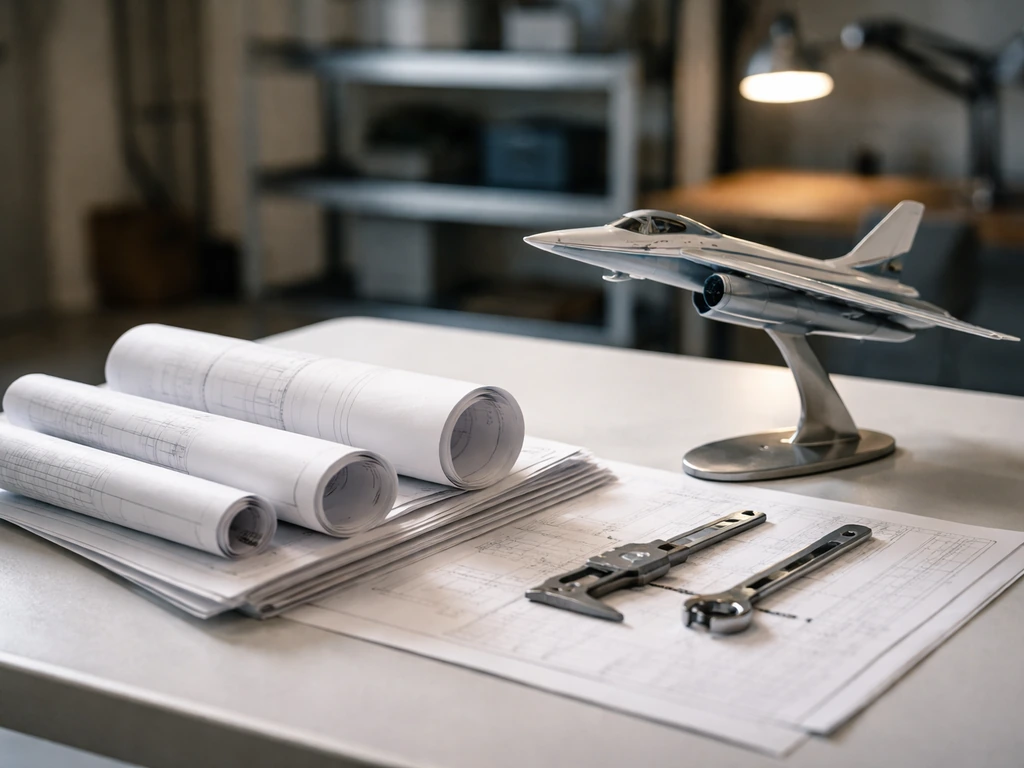 Minimal photo of an engineering workspace with blueprints, tools, and a small model aircraft, suggesting a 2010 mileston