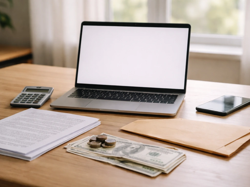 Minimal desk scene with calculator and envelope, suggesting evidence-based net worth estimation