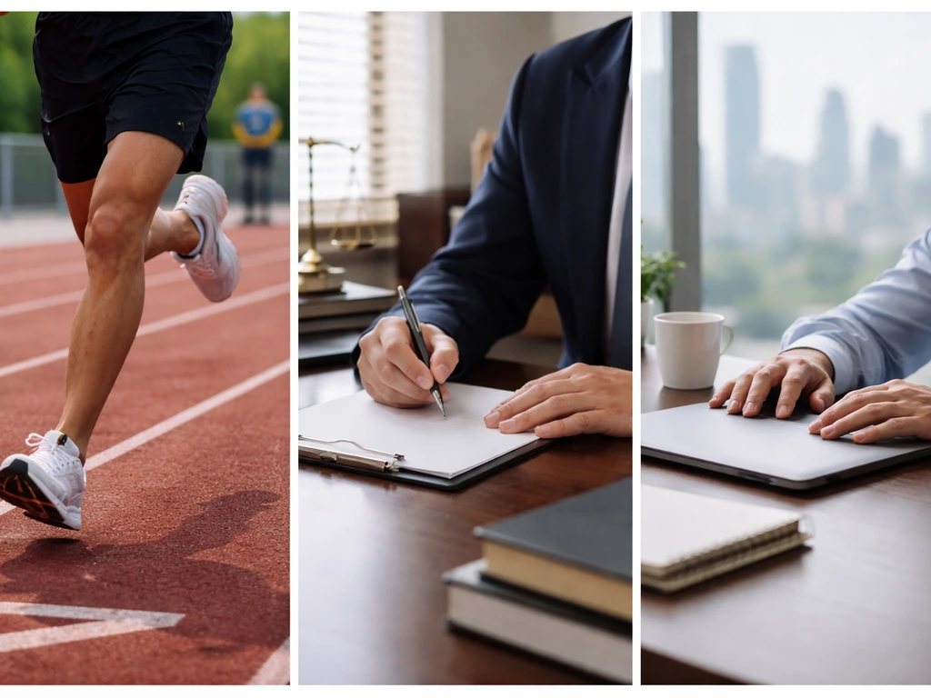 Minimal collage of three anonymous role-based scenes: athlete training, attorney office, and business desk.
