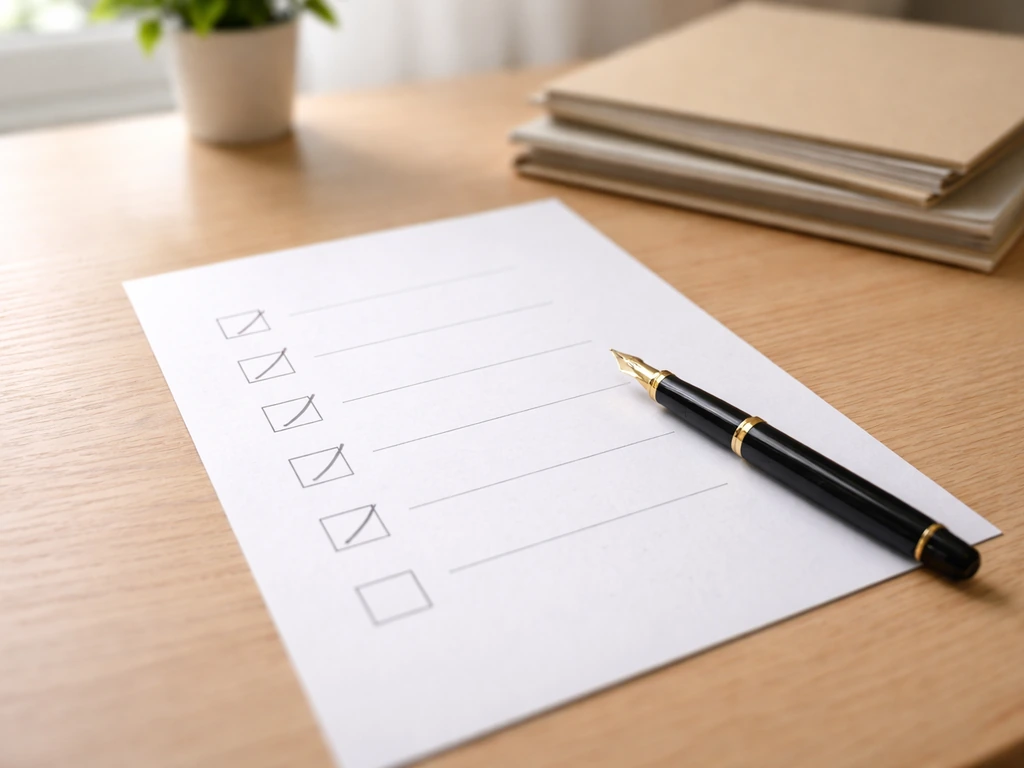 Minimal desk scene with a checklist of income and asset categories and a pen, no text.