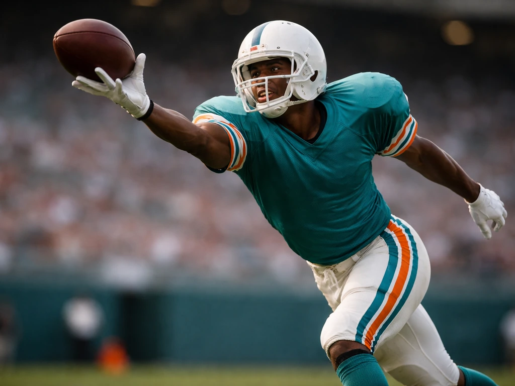 Anonymous 1980s-era football player in Miami Dolphins colors catching a pass under stadium lights
