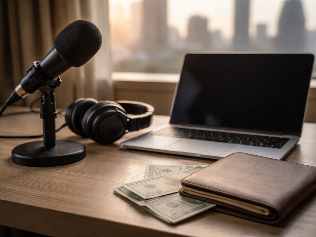 Minimal desk scene with a TV microphone stand and cash-like props symbolizing a sports analyst net worth range.