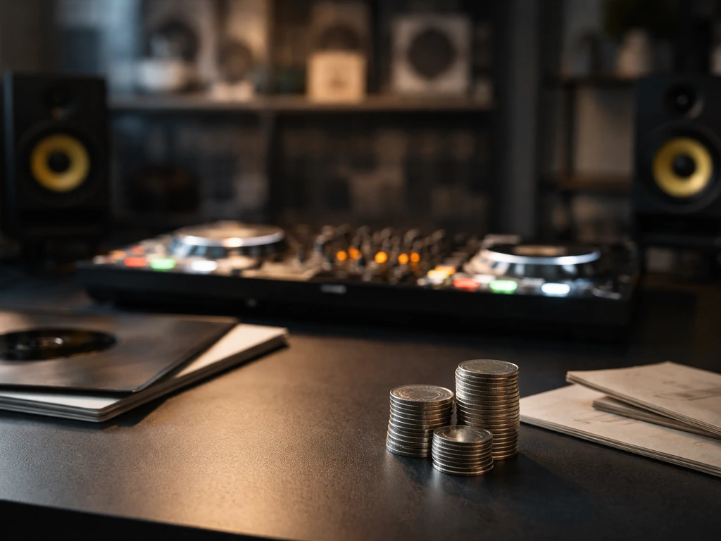 Minimal DJ studio with a glowing controller and coin stack, suggesting music wealth and record label identity.