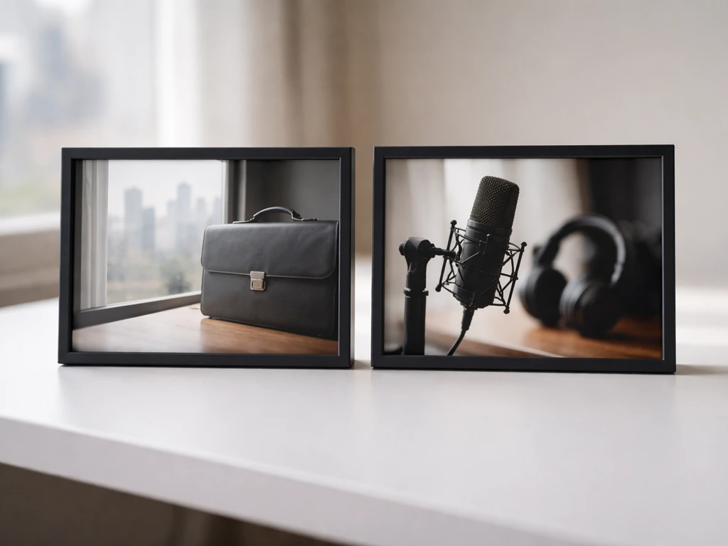 Minimal desk scene with two offset photo frames suggesting finance vs music/media, split identities.