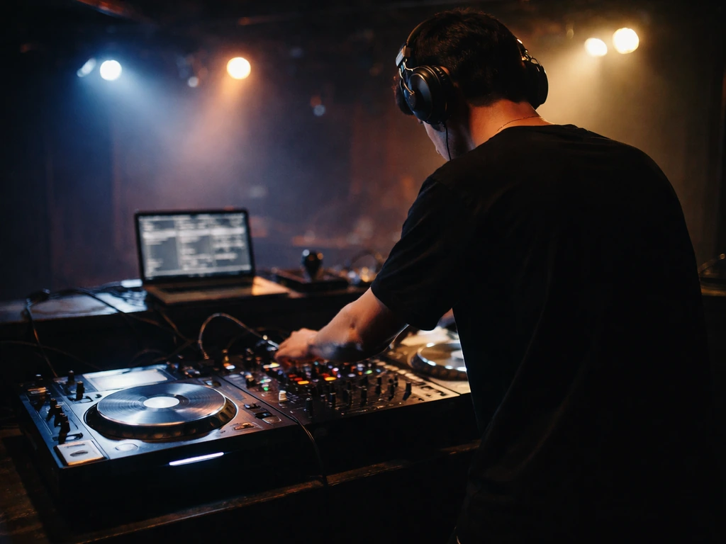 Anonymous DJ adjusting the mixer at a small club, with soft stage lights in the background.