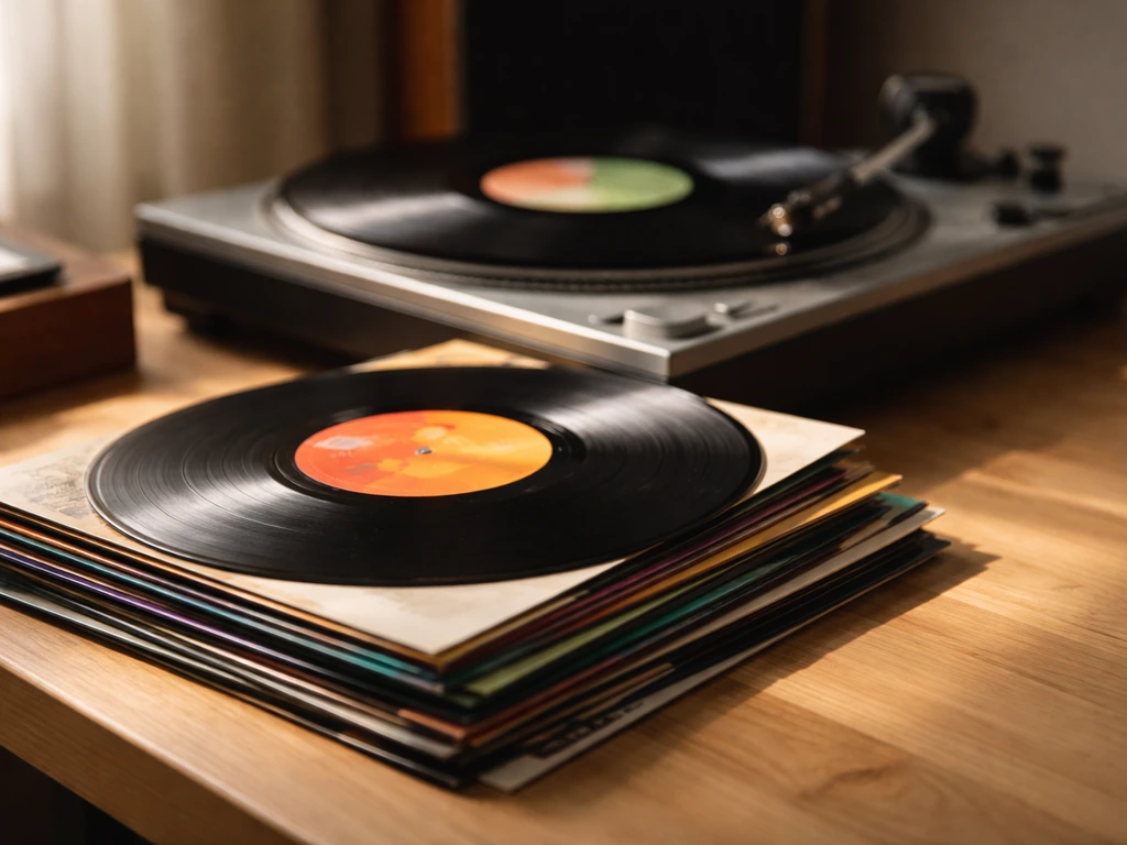 Close-up of vinyl records and a turntable needle in a softly lit music studio, suggesting Toolroom’s catalog value
