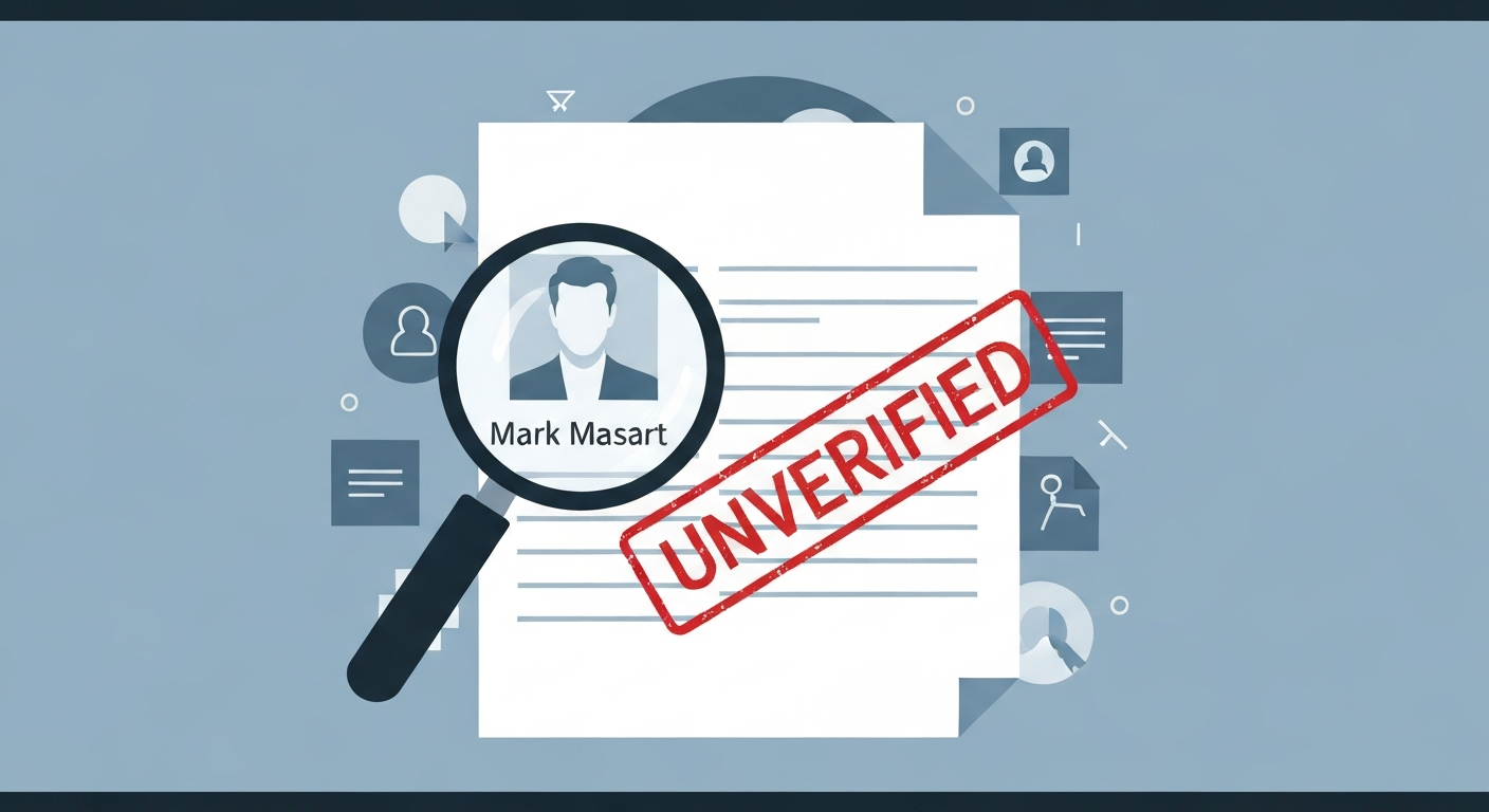 Abstract illustration of a magnifying glass over the name 'Mark Masart' on a document with a red 'UNVERIFIED' stamp, conveying an unverified net worth profile.