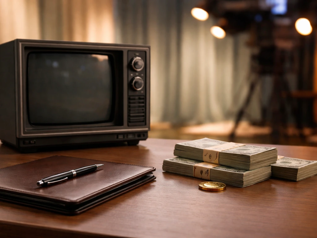 Minimal daytime studio scene with a vintage TV monitor, soft money-themed props, and quiet wealth symbolism