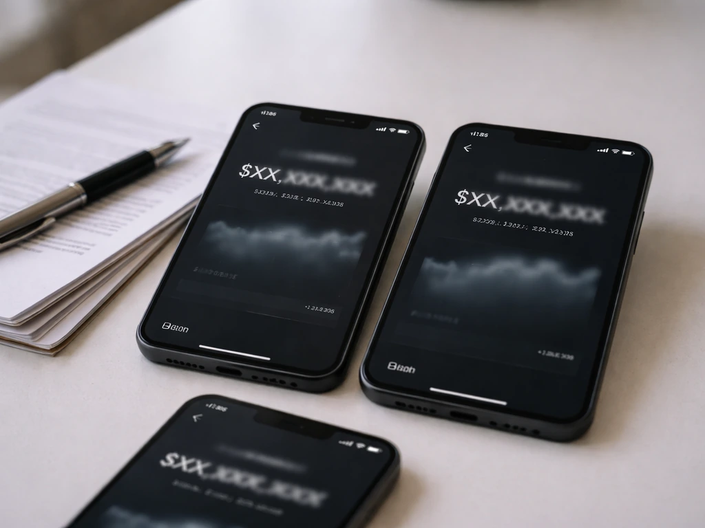 Minimal office desk with two dark smartphone screenshots and a small memo pad showing different update dates.