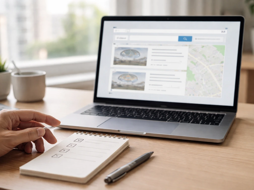 Close-up of a laptop showing a blank property-search style page and a simple checklist on paper