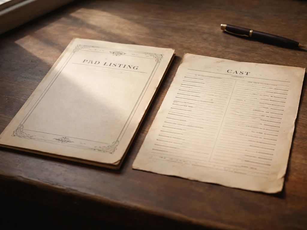 Minimal scene with a vintage theater play program beside a dated soap-opera cast list, evoking early TV career.