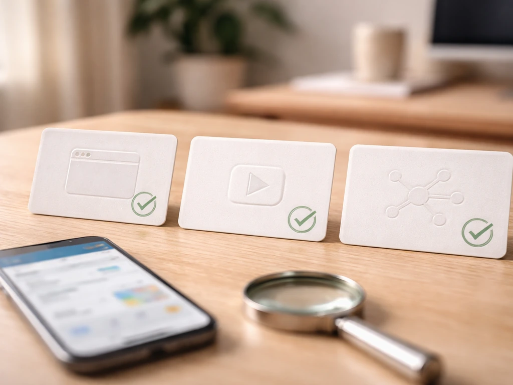 Desk scene with three generic profile cards, checkmarks, and a magnifying glass suggesting online verification.