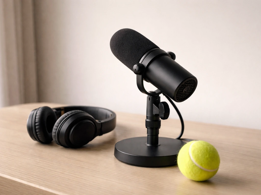 Minimal media-studio scene with a tennis ball and a microphone to signal sports broadcasting without a specific person.
