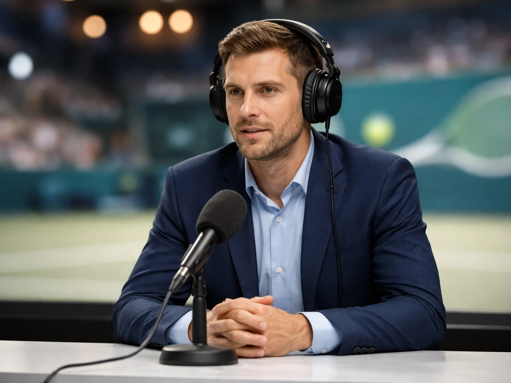 Anonymous sports broadcaster at a TV studio desk with a microphone and softly blurred tennis backdrop.