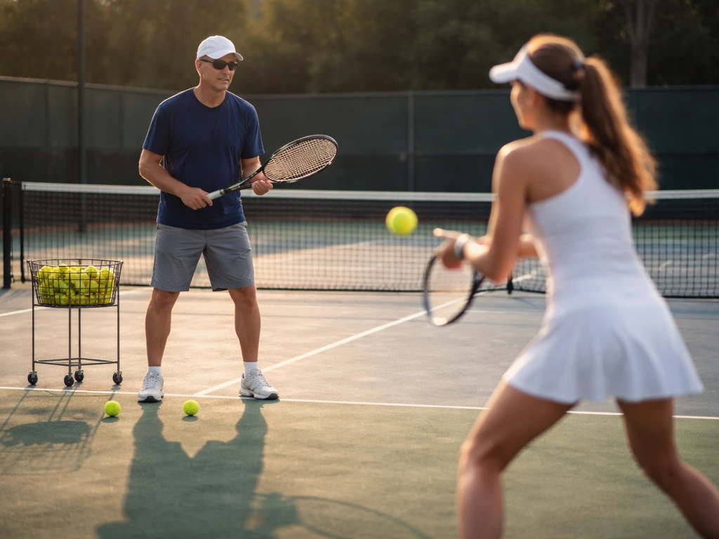 Anonymous tennis coach and player practicing on a quiet outdoor court, coaching session vibe.
