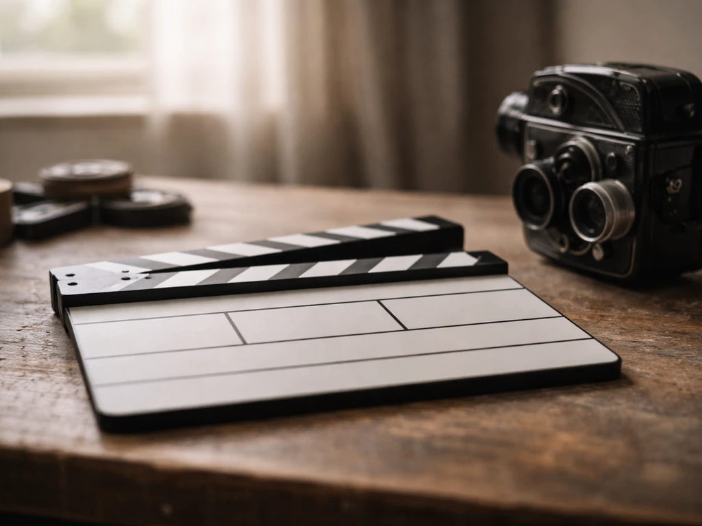 Empty film-studio slate and vintage camera on a workbench in natural light, symbolizing actor identification.