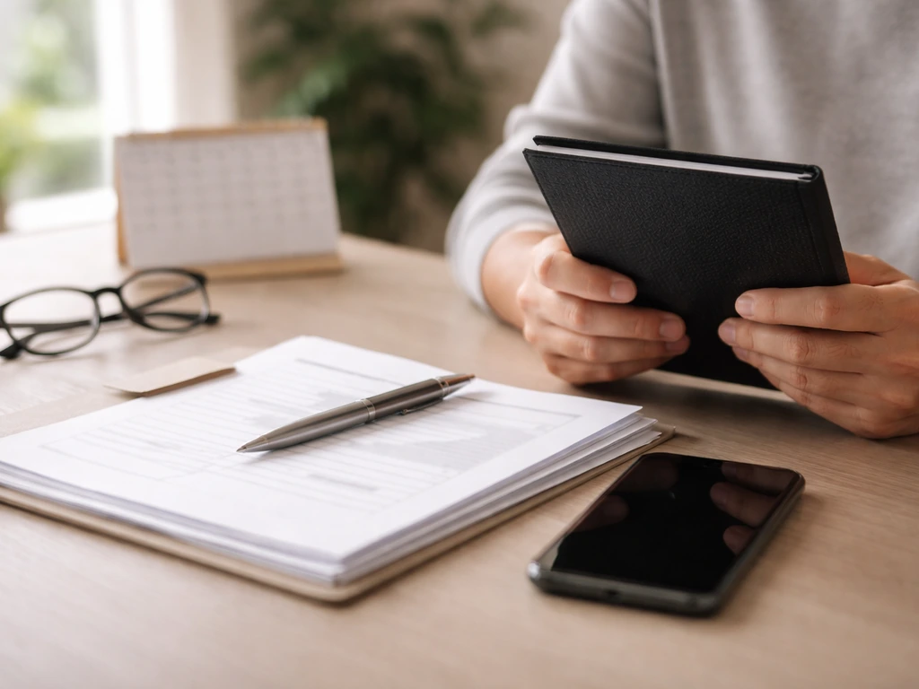 Anonymous hands reviewing documents beside a smartphone and pen on a sunlit desk.