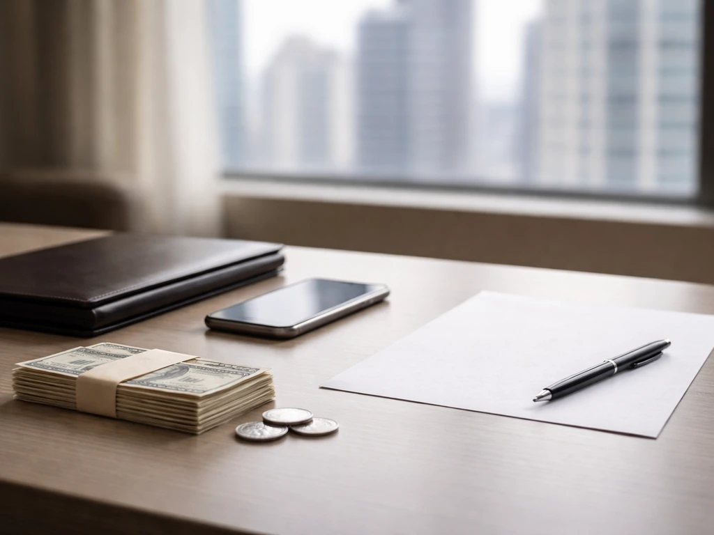 Minimal office desk with a smartphone, money symbol, and blurred background suggesting net worth inclusions and exclusio