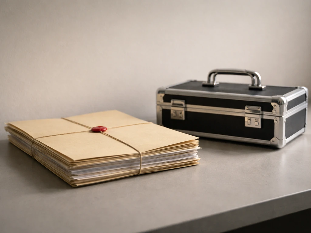 Sealed folders and a small locked briefcase on a desk symbolizing unverifiable private holdings.