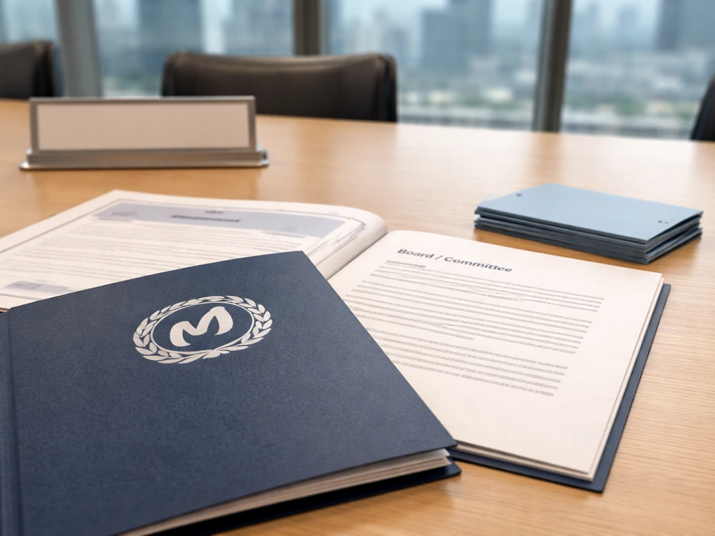 Open corporate governance document and office desk setup suggesting public company board and share context.