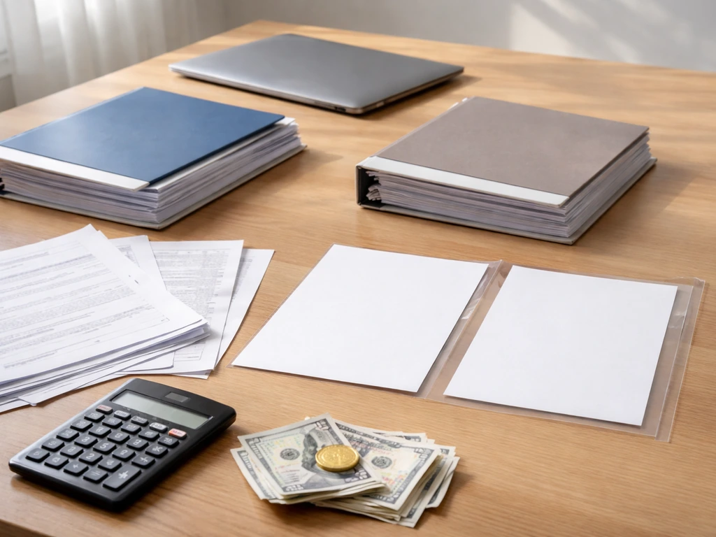Minimal office desk with financial papers, calculator, and currency to symbolize differing net worth estimates