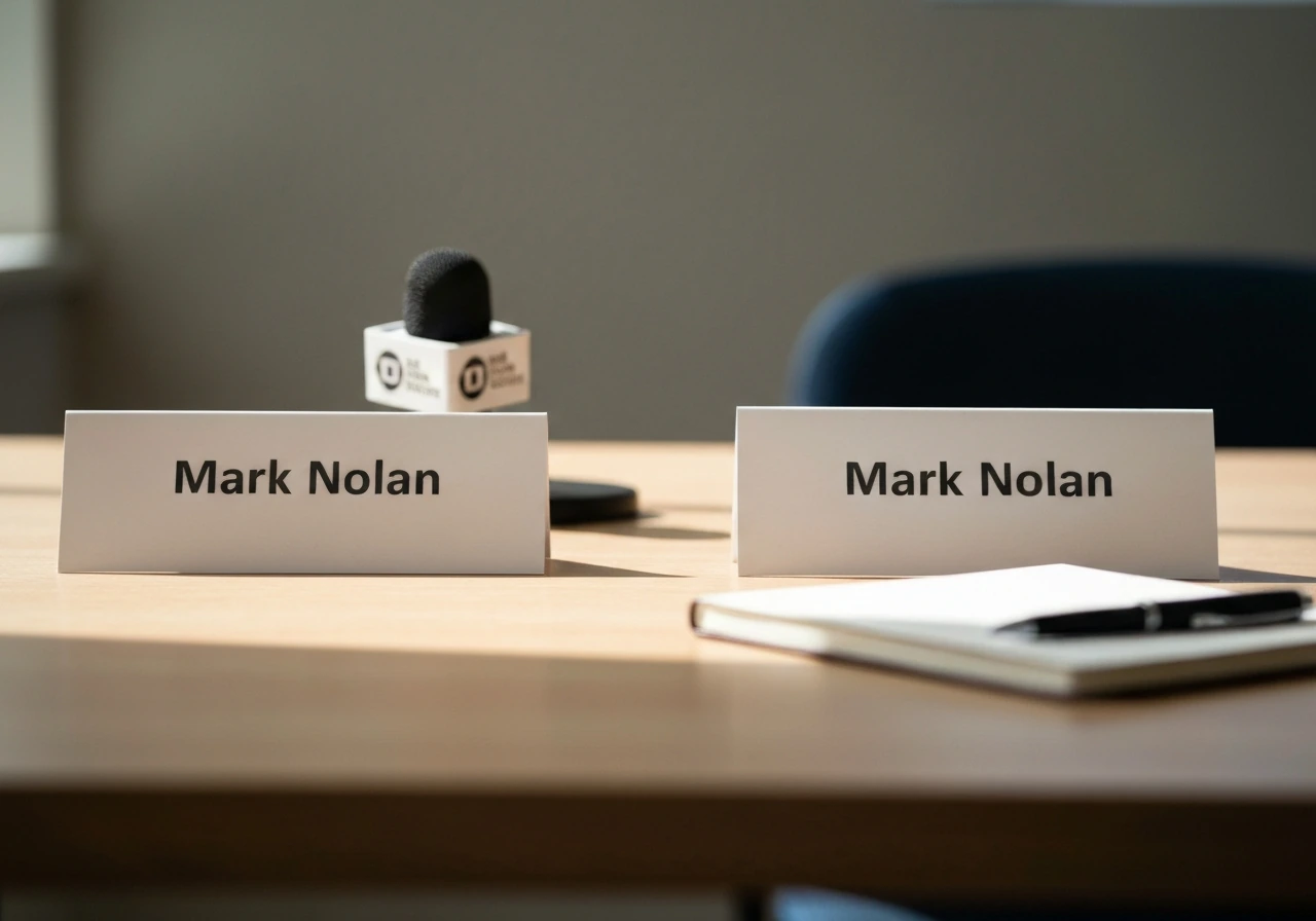 Two blank name placards on a table with a studio microphone on one side, generic desk items on the other.